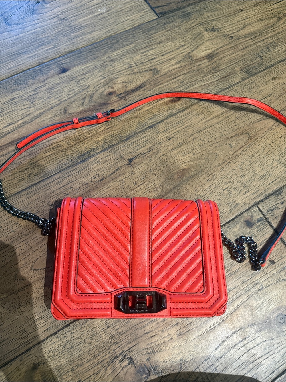 Rebecca Minkoff Orange-Red Quilted Leather Crossbody with Chain Strap
